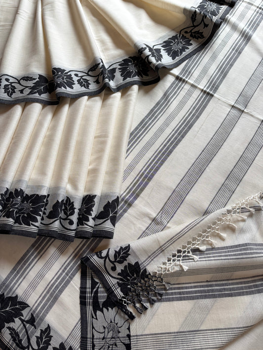 Handwoven Offwhite Black Phulia Cotton Saree