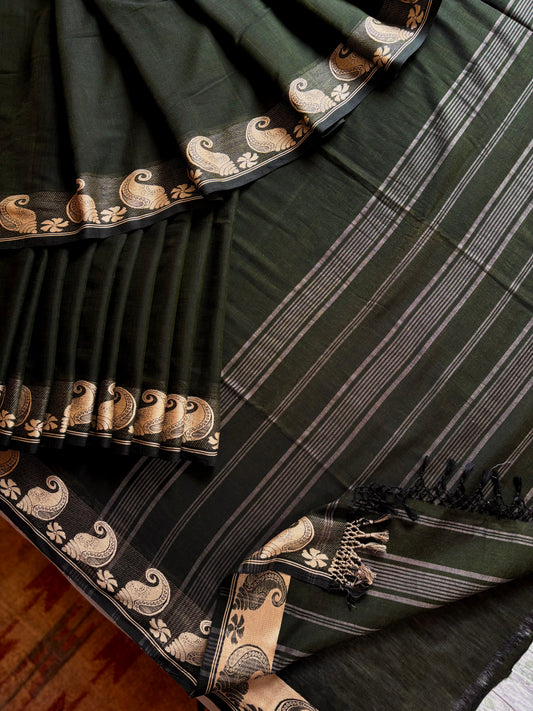 Handwoven Dark Bottle Green Phulia Cotton Saree