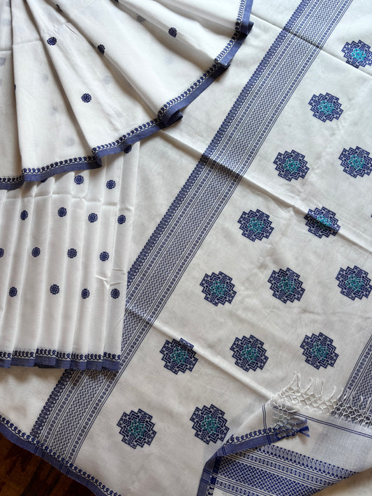 Handwoven White Blue Phulia Cotton Saree