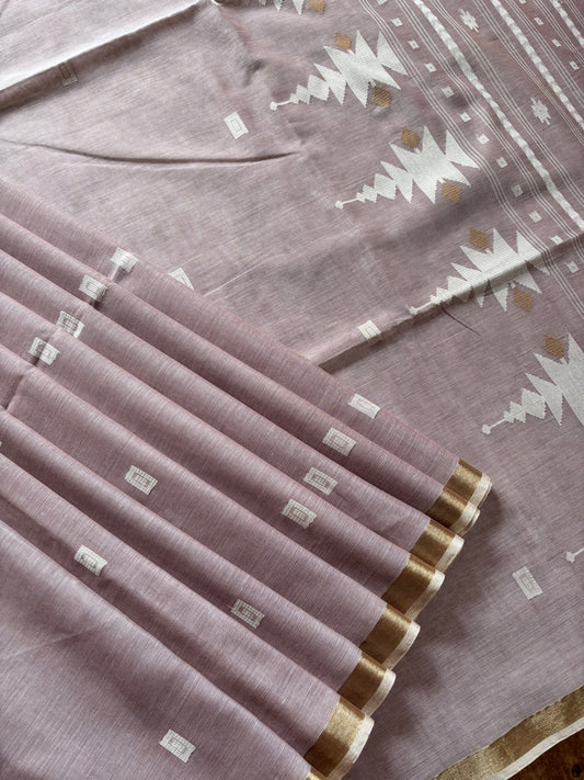 Handwoven Dusty Lavender Cotton Jamdani Saree