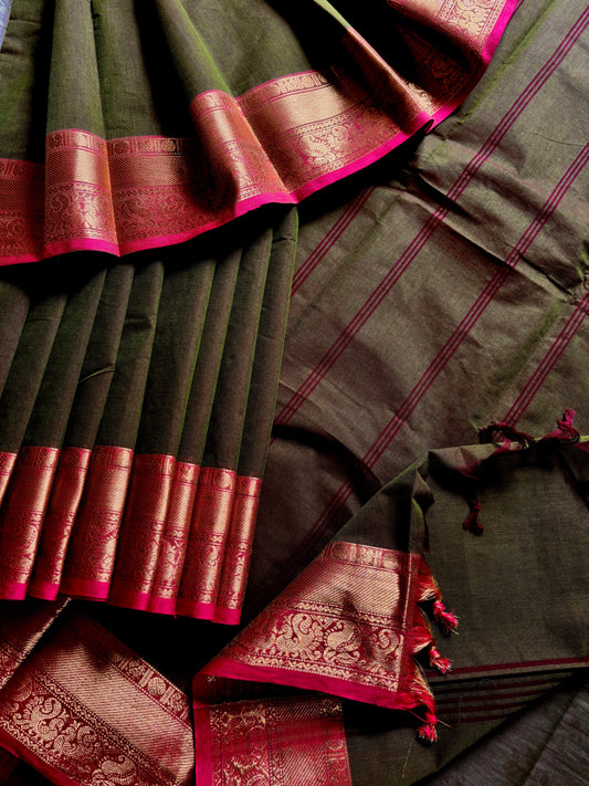 Dual Toned Green Kanchipuram Cotton Saree