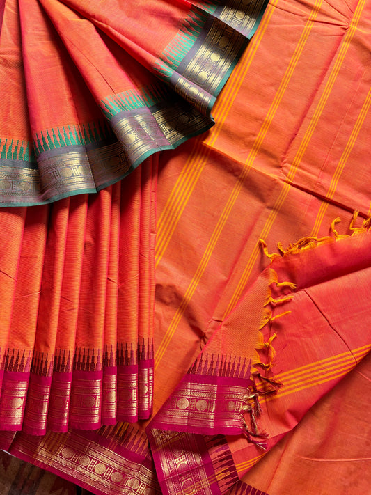 Orange Ganga Yamuna Kanchipuram Cotton Saree