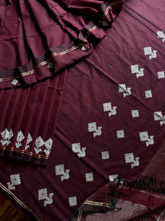 Handwoven Dark Wine Cotton Jamdani Saree