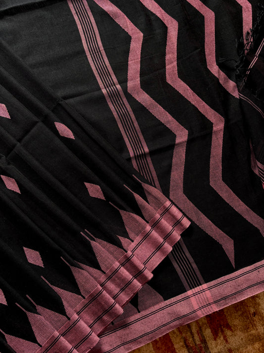 Handwoven Black with Dusty Pink Cotton Jamdani