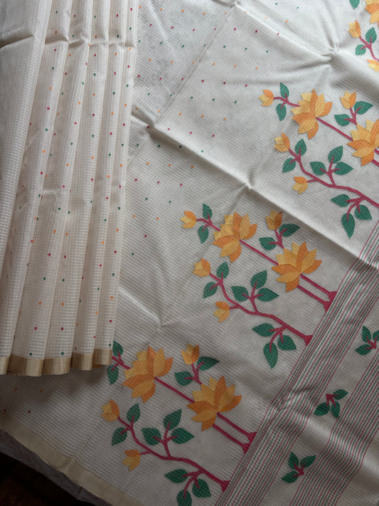 Handwoven Resham Kota Ivory with Tussar Border Jamdani