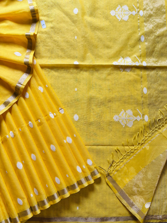 Handwoven Yellow Cotton Jamdani Saree