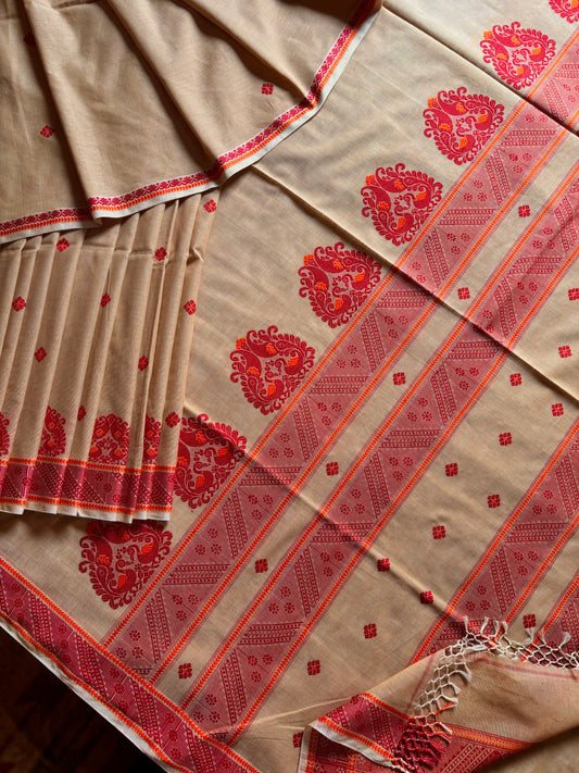 Handwoven Beige and Red Phulia Cotton Saree