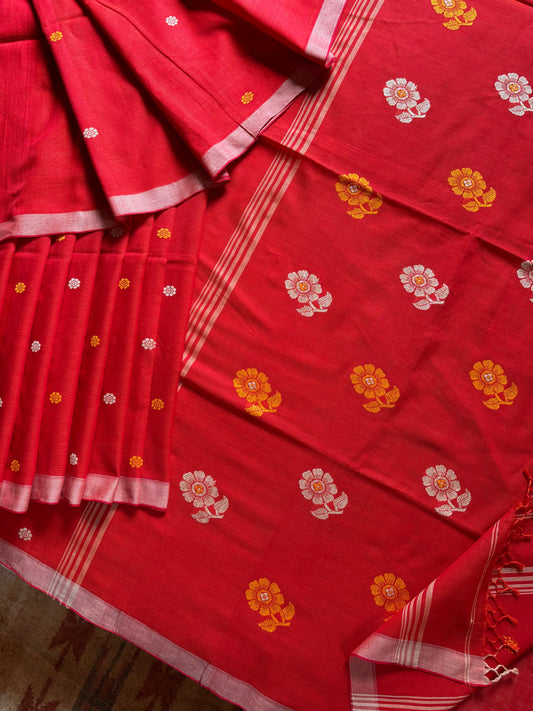 Handwoven Reddish Orange Cotton Jamdani