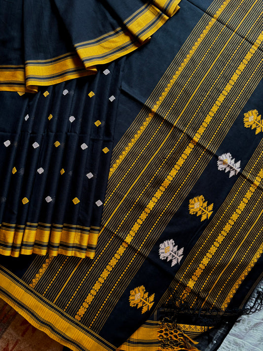Handwoven Black Yellow Phulia Cotton Saree