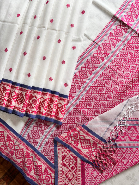 Handwoven White Pink Phulia Cotton Saree