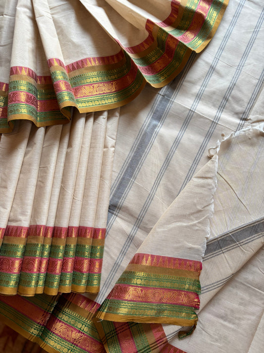 Pure Cotton Offwhite Multicolour Border Kanchipuram Saree