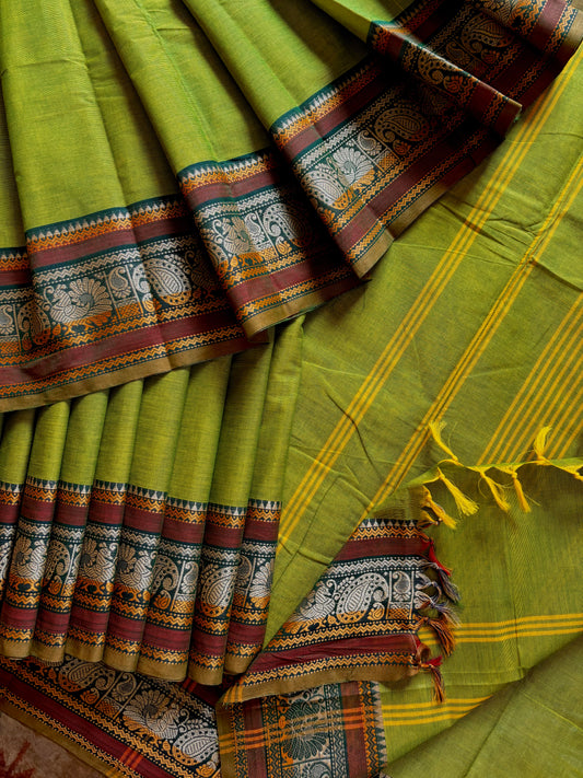 Pure Cotton  Parrot Green Without Zari Kanchipuram Saree