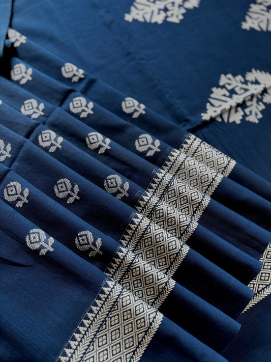 Handwoven Blue Phulia Cotton Jamdani Saree