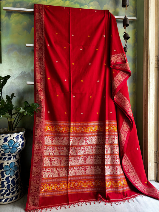 Handwoven Orange Colour Baluchari Cotton Saree