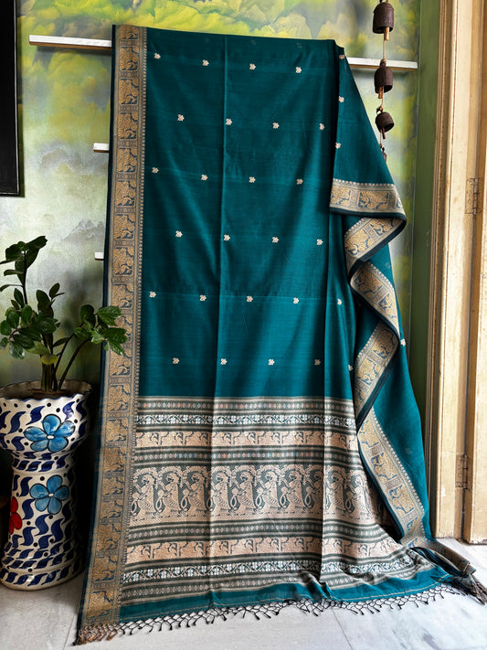 Handwoven Turquiose Blue Baluchari Cotton Saree