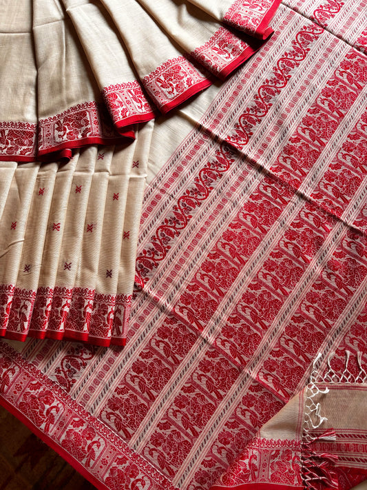 Handwoven Beige Red Baluchari Cotton Saree
