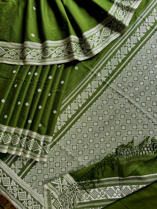 Handwoven Green White Phulia Cotton Saree