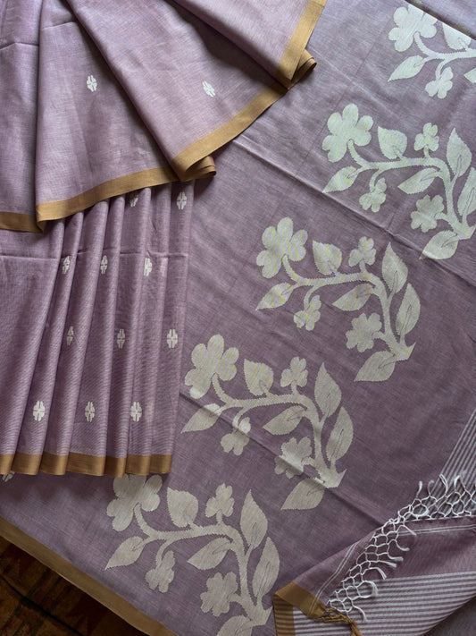 Handwoven Dusty Lavender Cotton Jamdani Saree