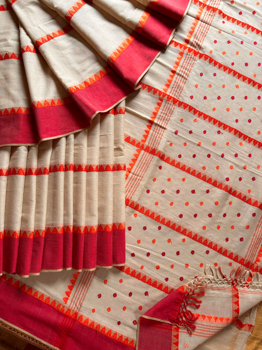 Handwoven Beige with Red and Orange work Phulia Cotton Saree