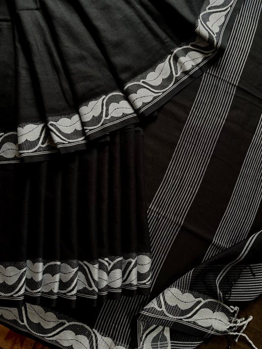 Handwoven Black White Phulia Cotton Saree