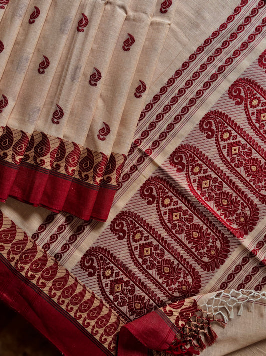 Handwoven Beige Maroon Phulia Cotton Saree