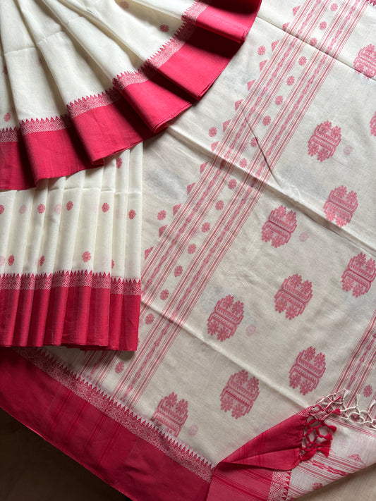 Handwoven White Red Jamdani Phulia Cotton Saree