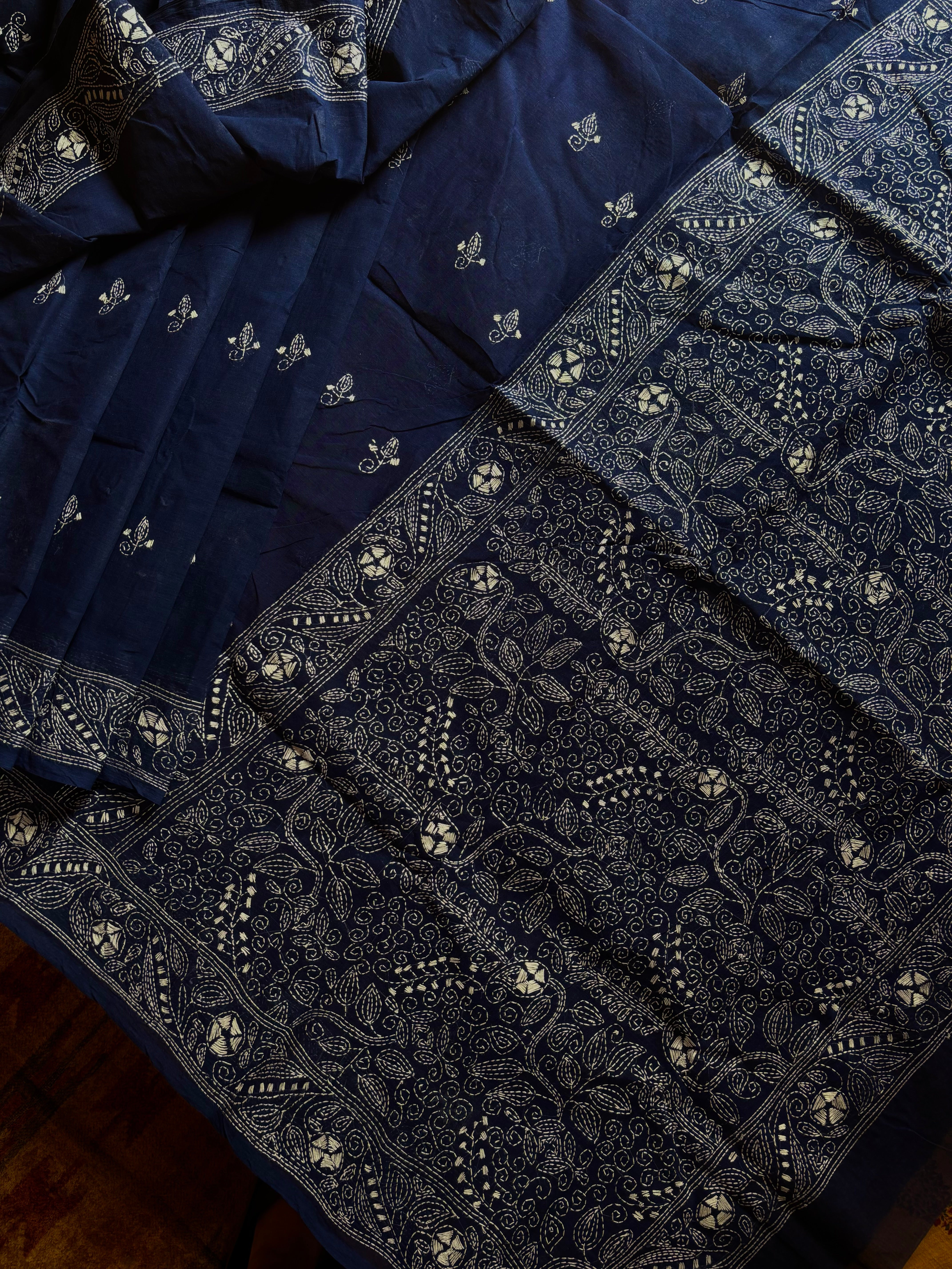 Handmade Dark Blue Cotton Kantha Saree
