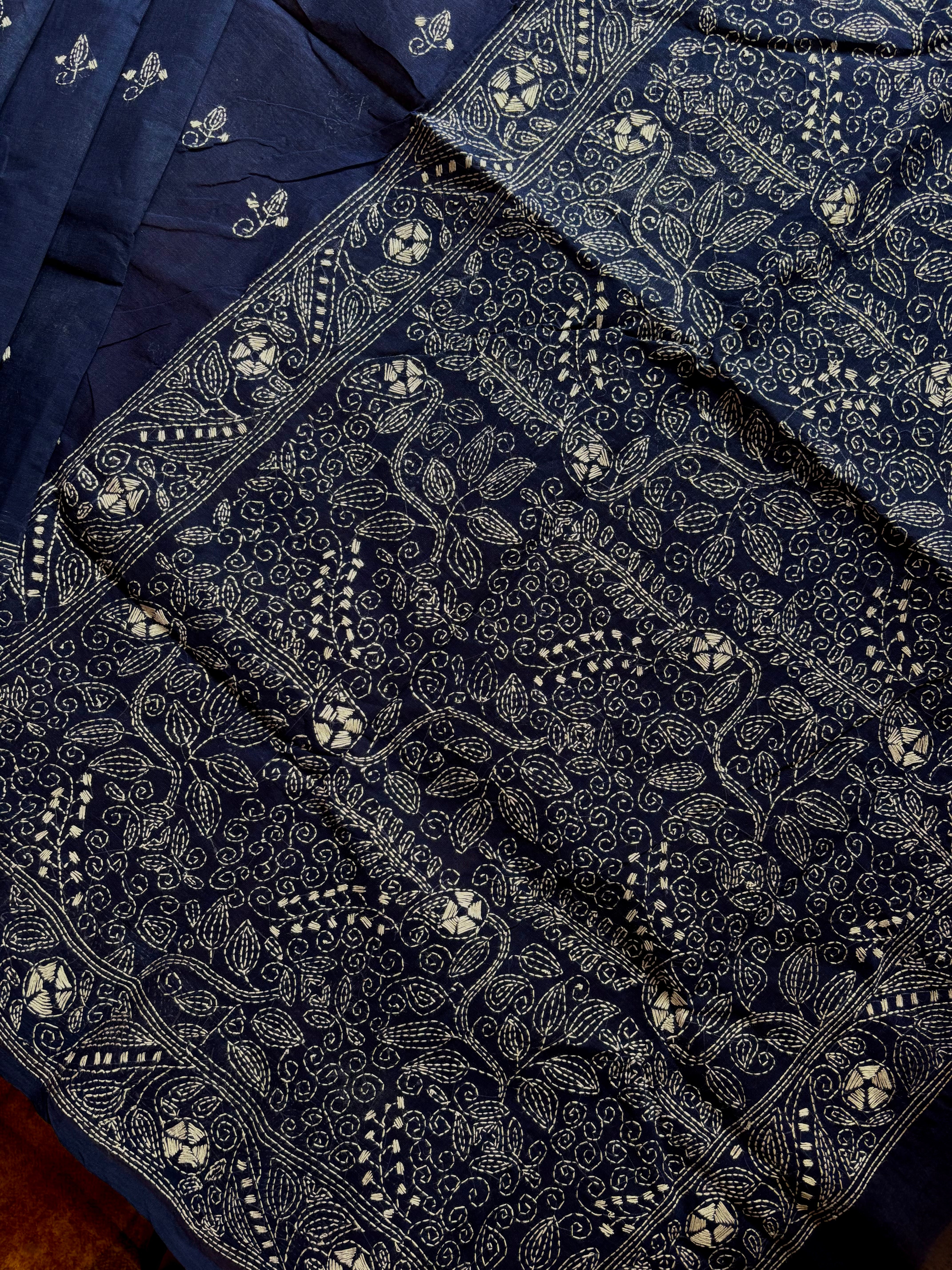 Handmade Dark Blue Cotton Kantha Saree
