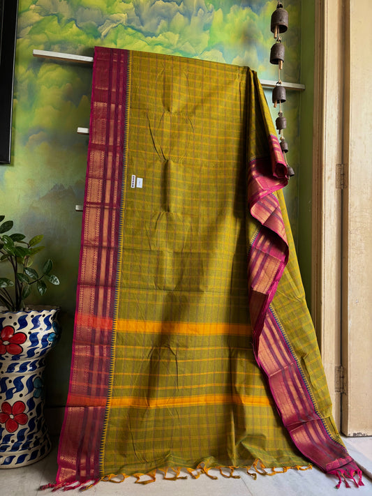 Pure Cotton Green Purple Kanchipuram Saree