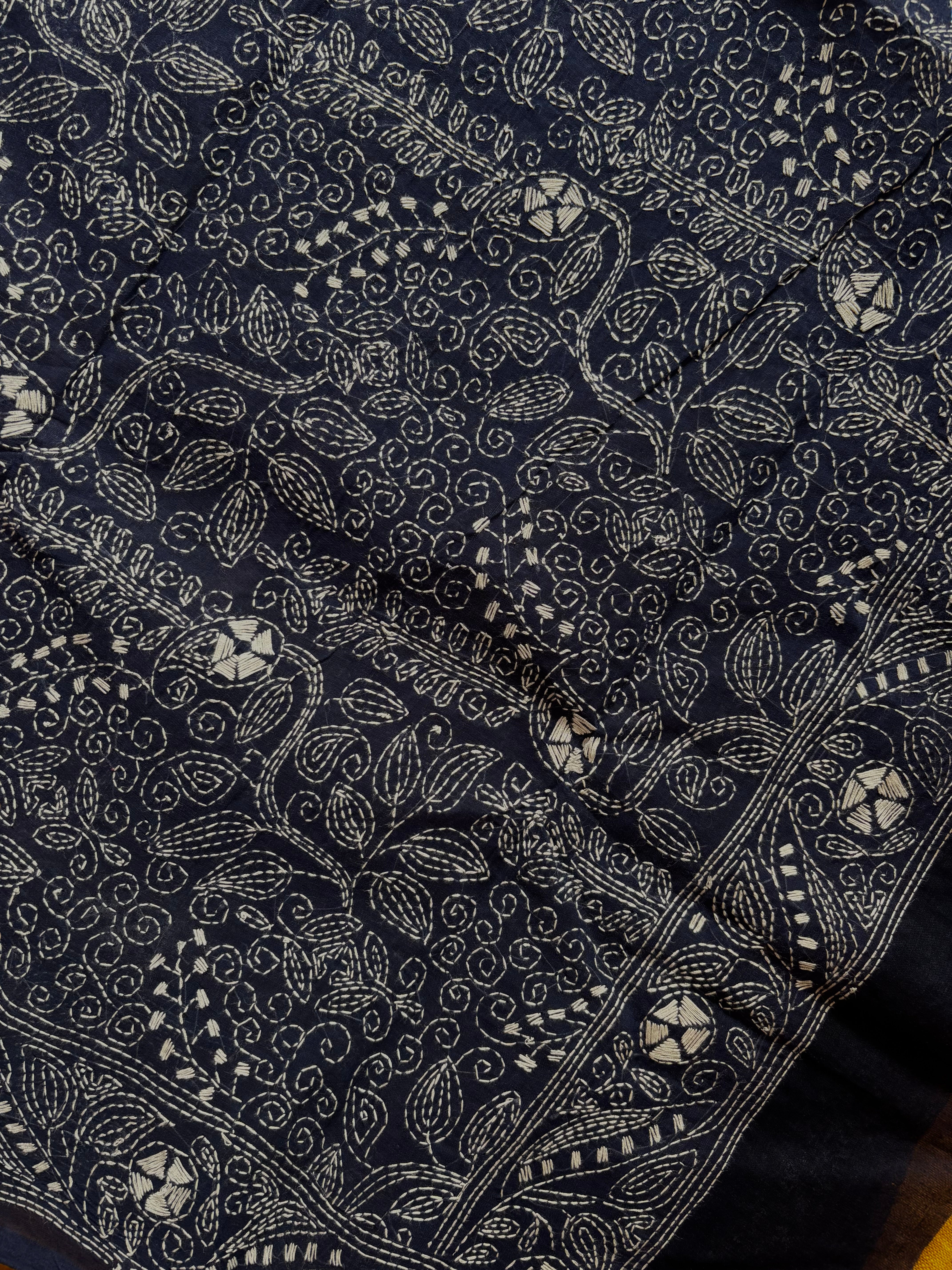 Handmade Dark Blue Cotton Kantha Saree