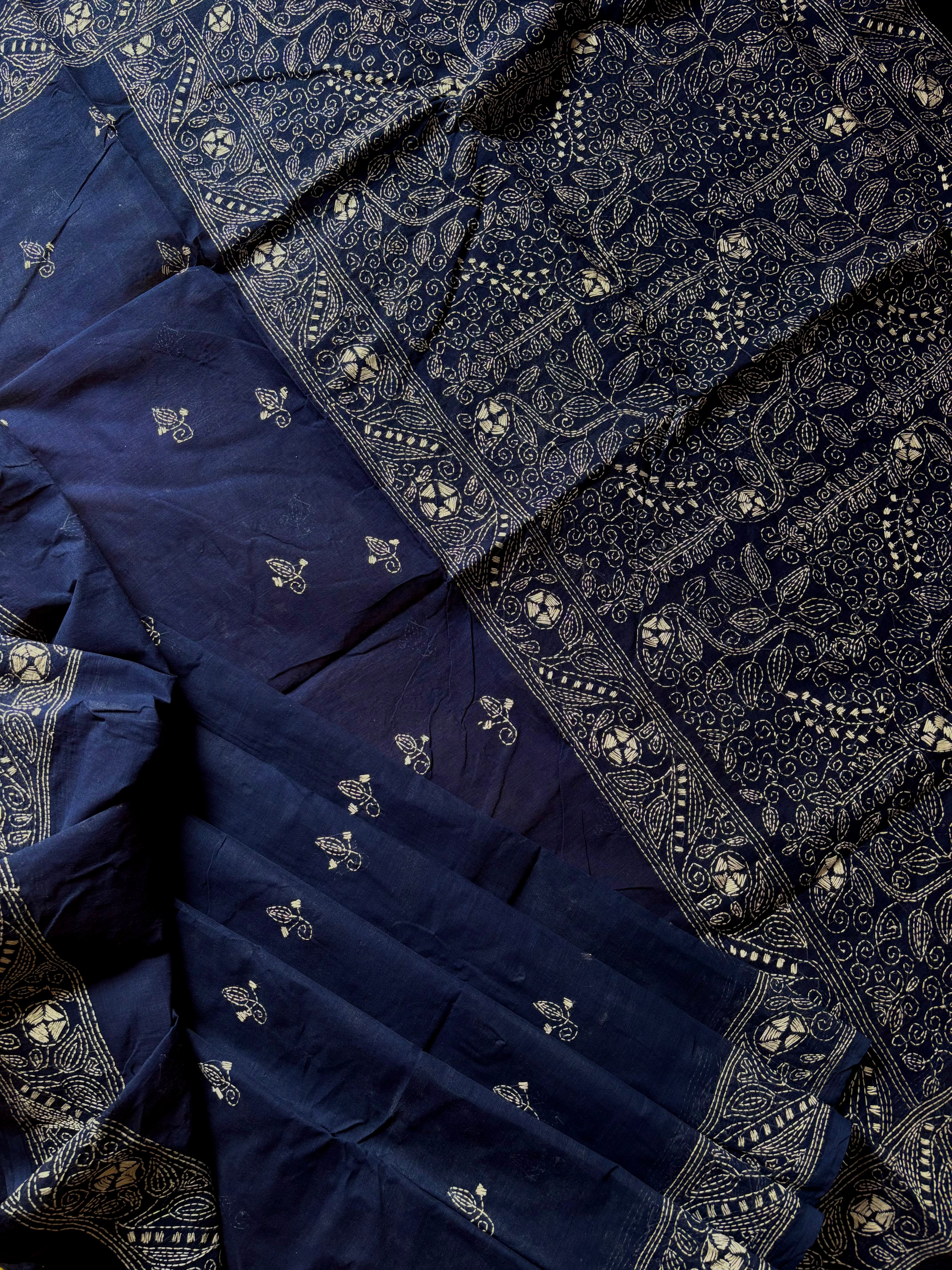 Handmade Dark Blue Cotton Kantha Saree