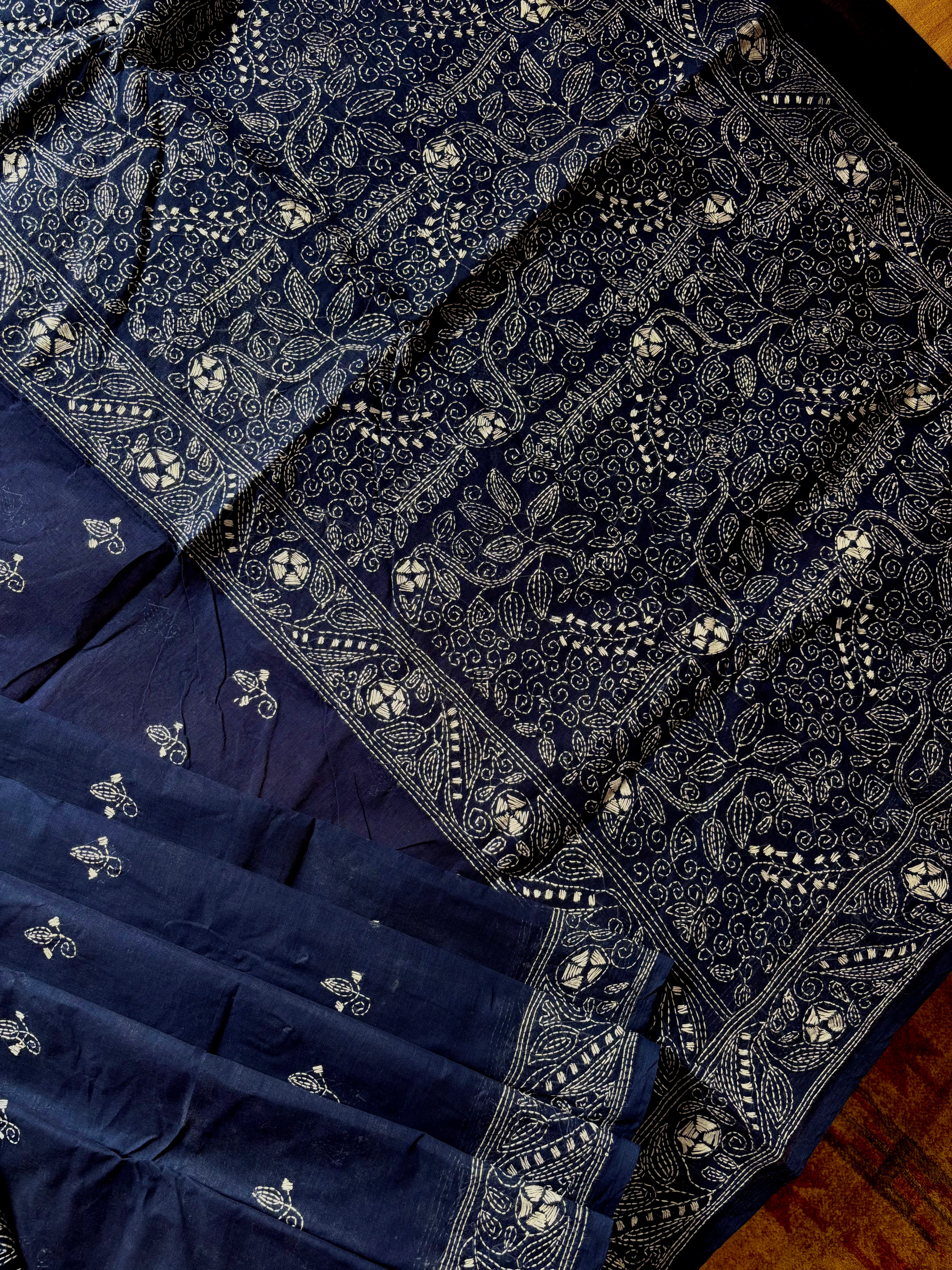 Handmade Dark Blue Cotton Kantha Saree