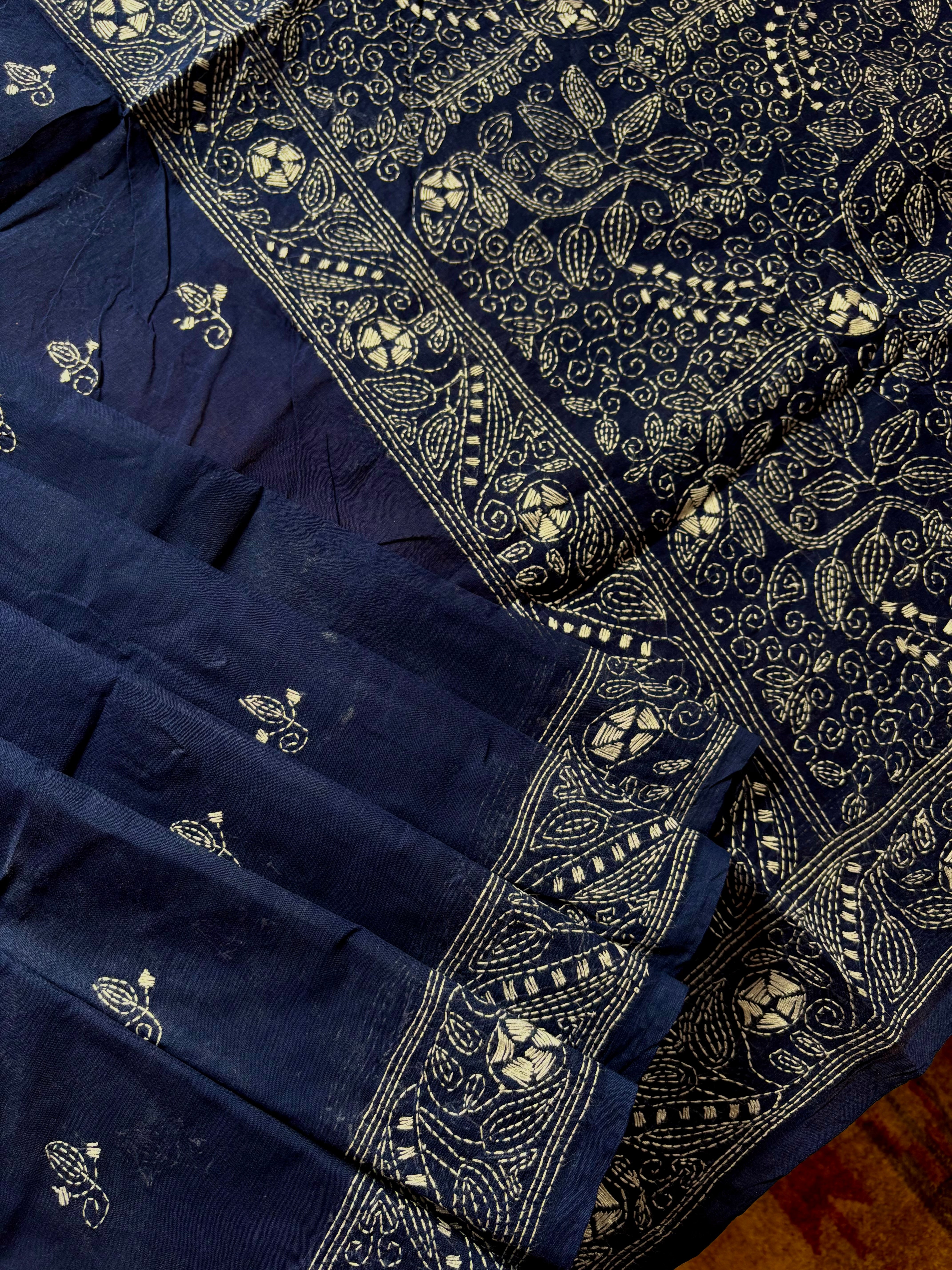 Handmade Dark Blue Cotton Kantha Saree
