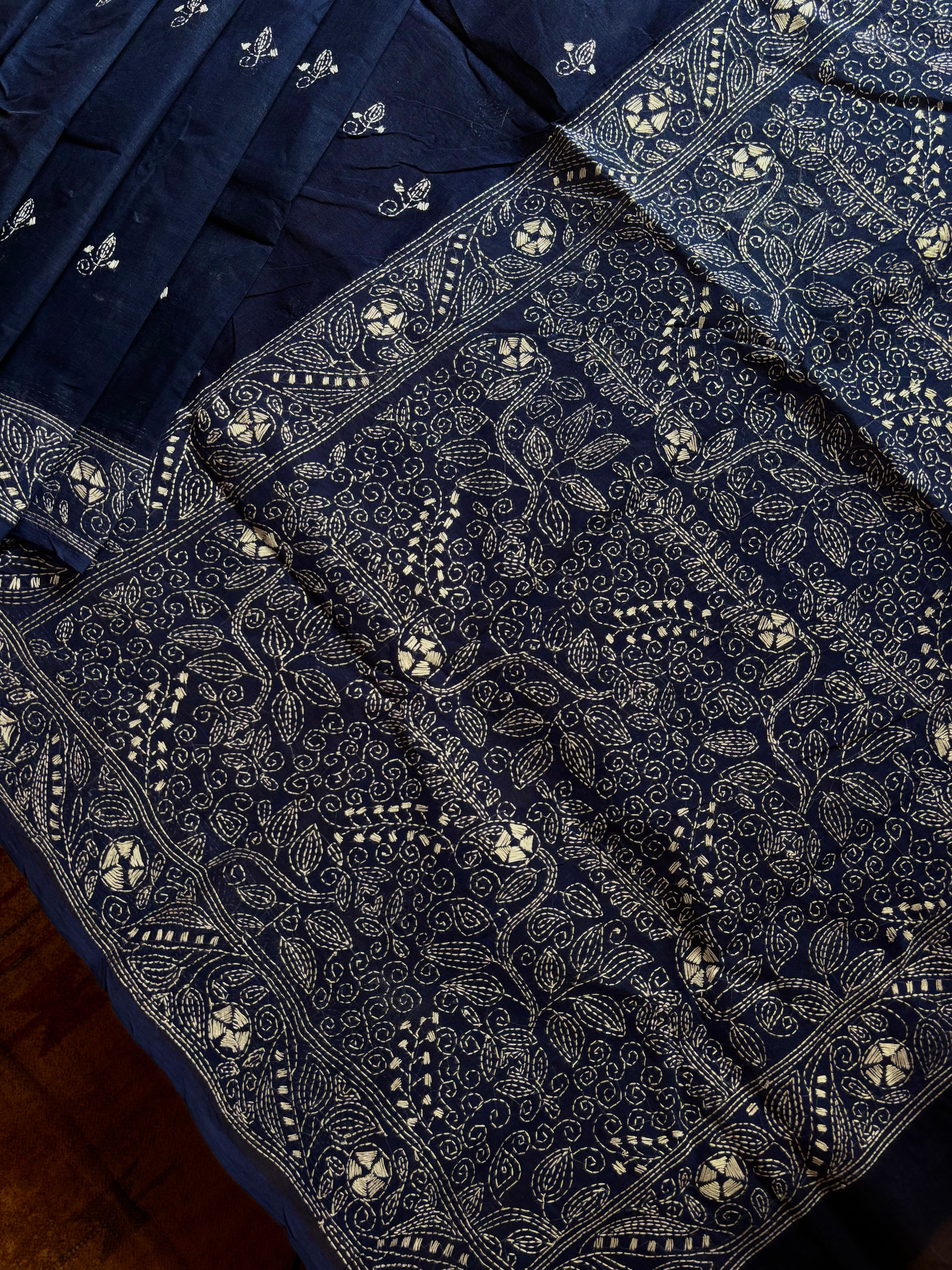 Handmade Dark Blue Cotton Kantha Saree