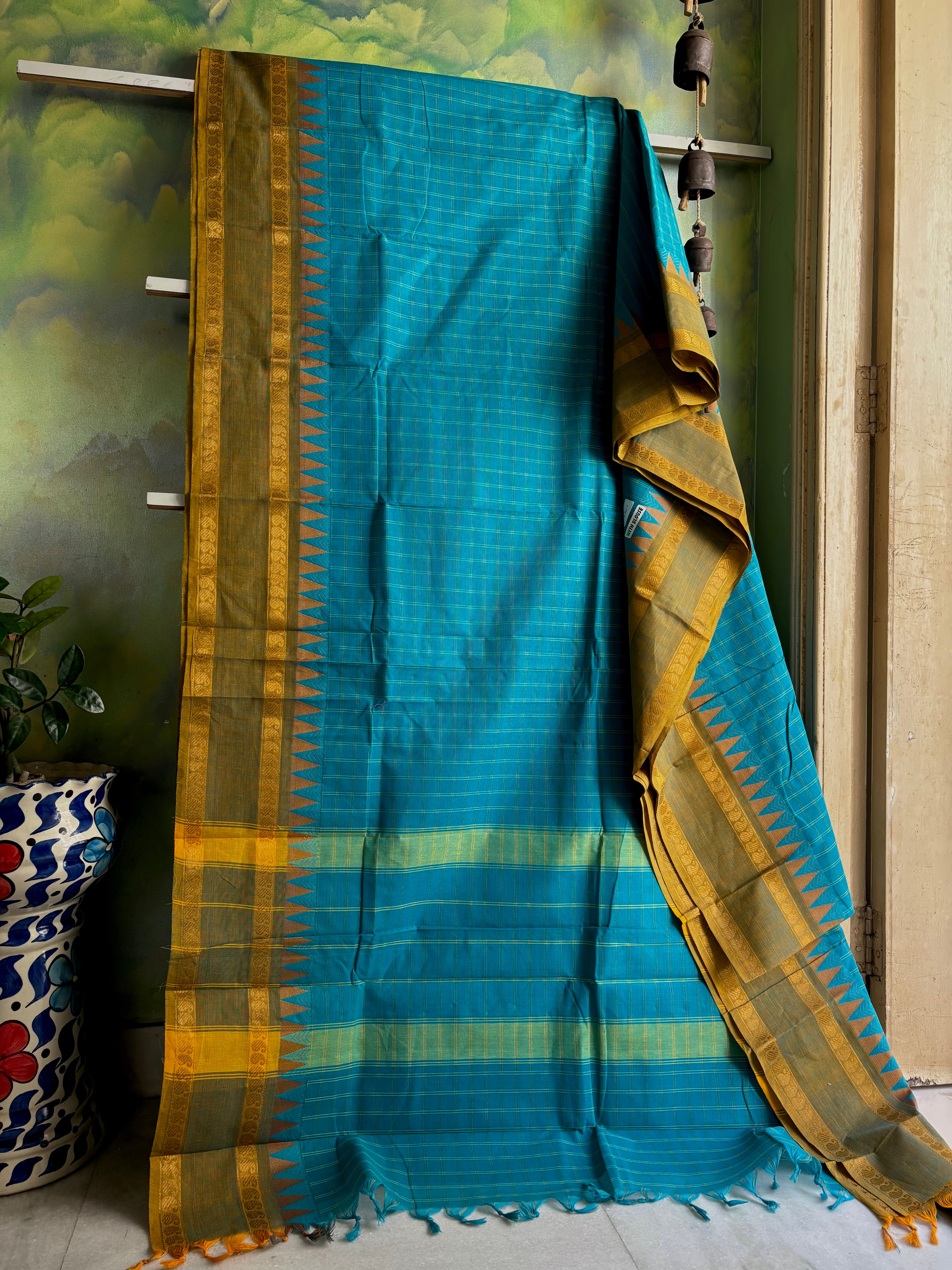 Pure Cotton Firozi Colour Kanchipuram Saree