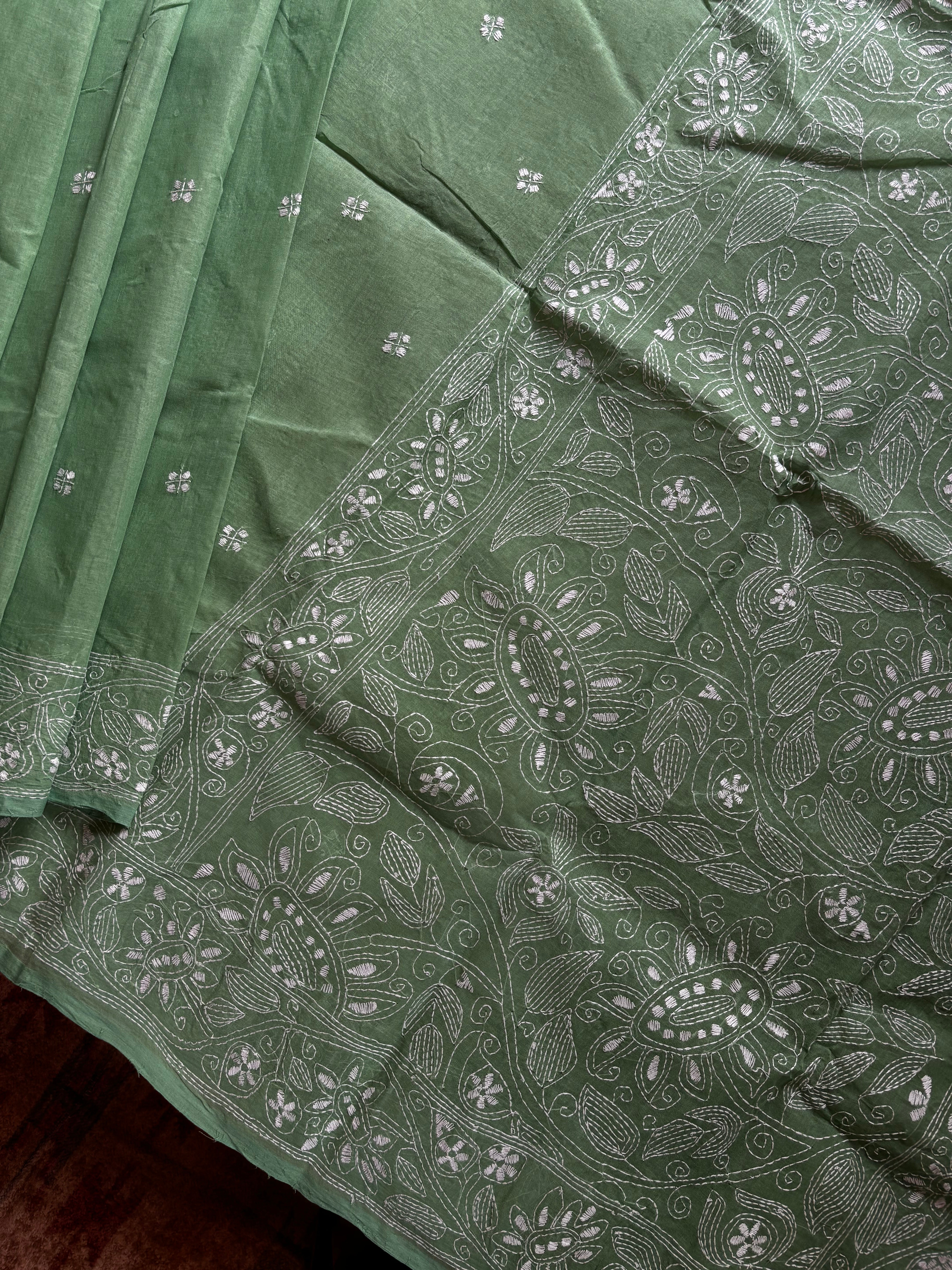 Handwoven Light Green Cotton Kantha Saree
