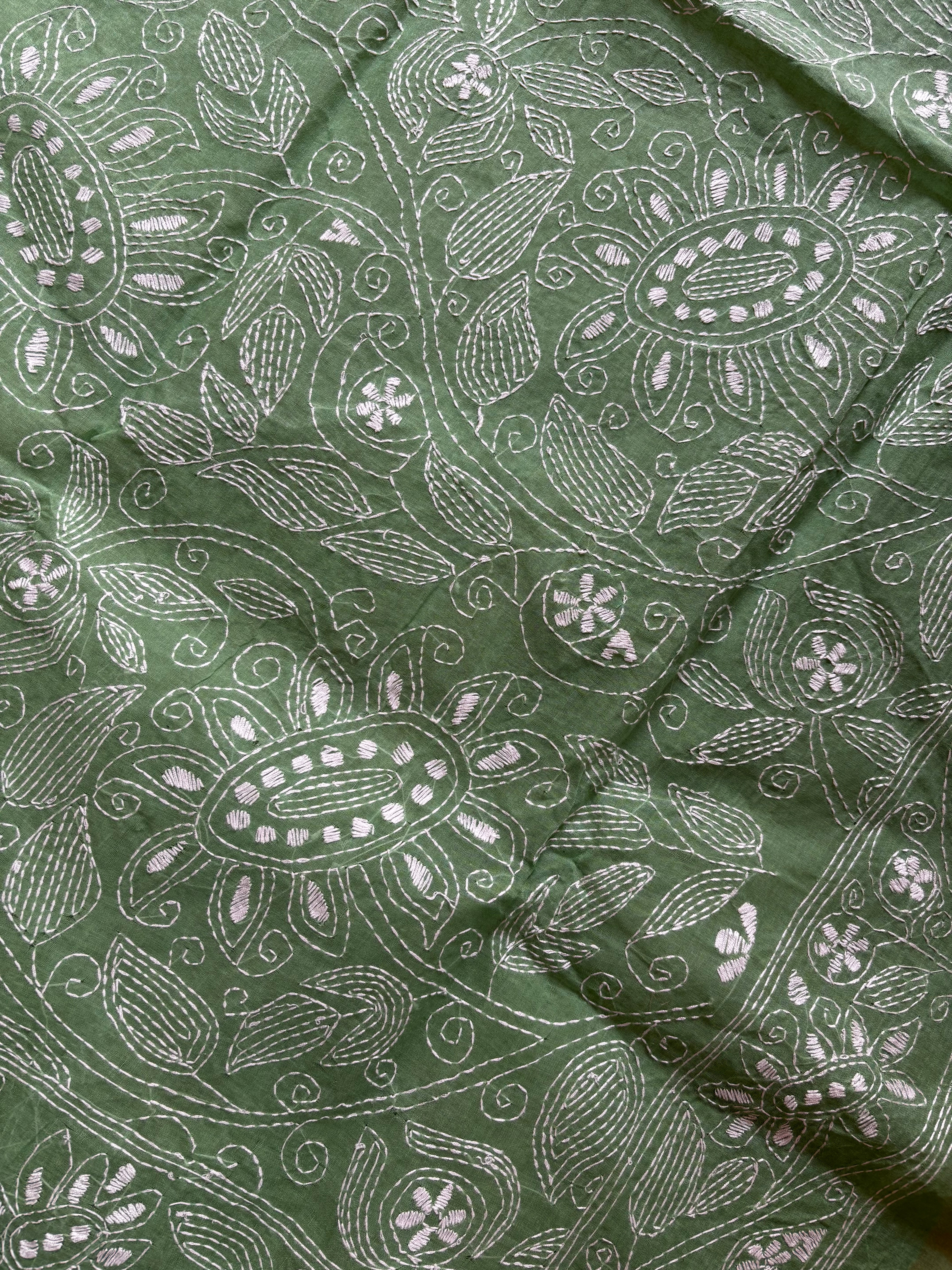 Handwoven Light Green Cotton Kantha Saree