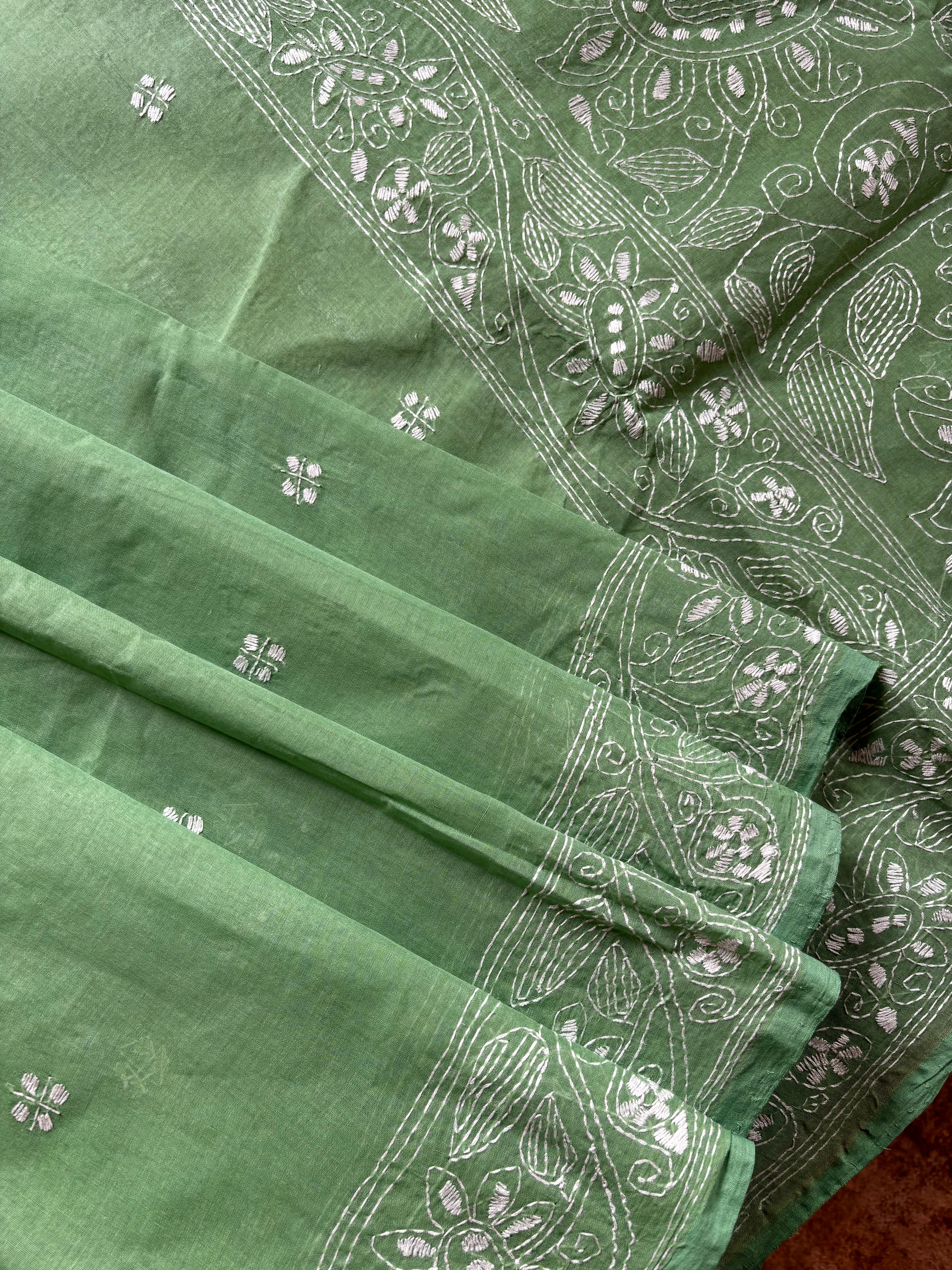 Handwoven Light Green Cotton Kantha Saree