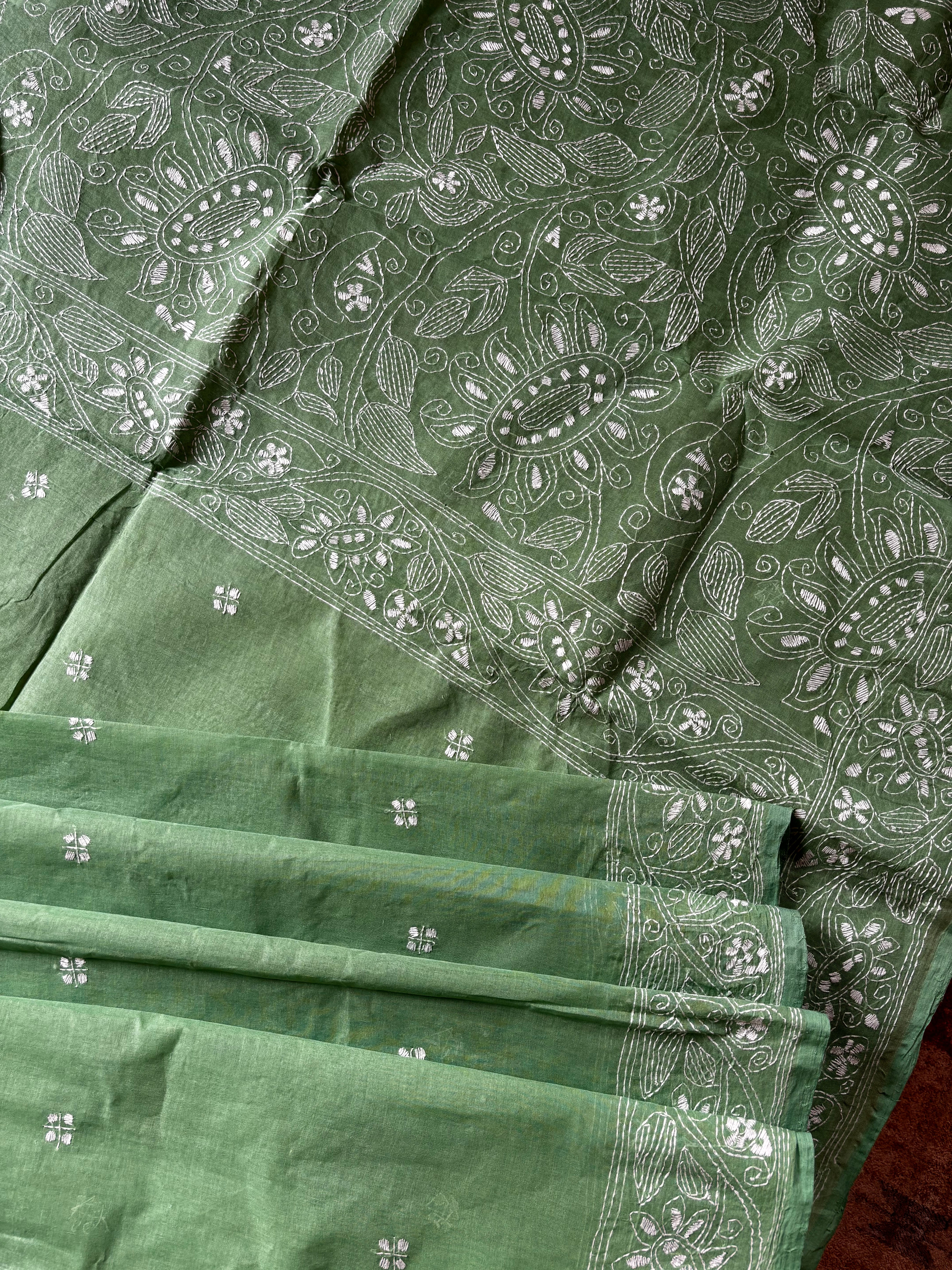 Handwoven Light Green Cotton Kantha Saree