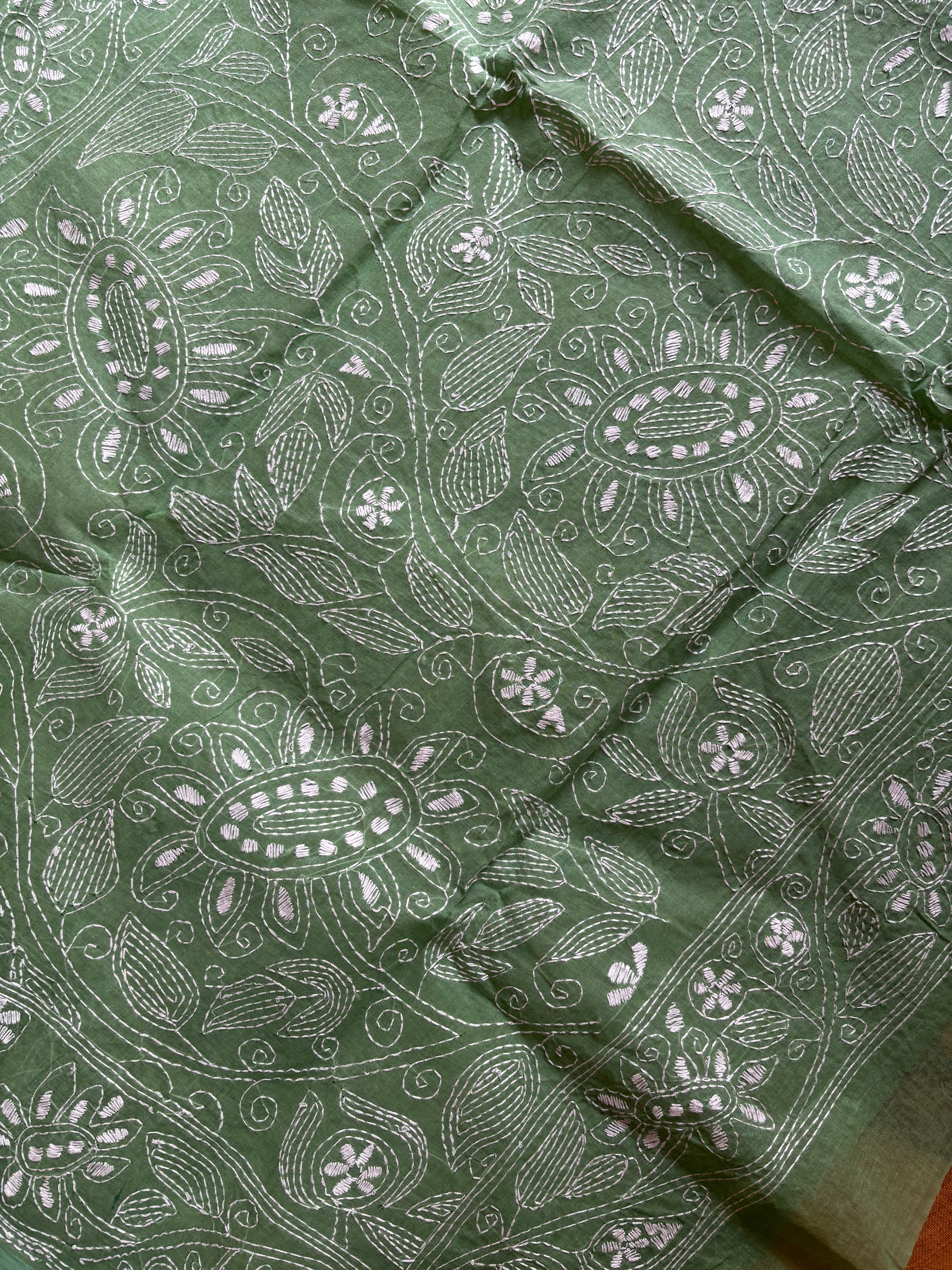Handwoven Light Green Cotton Kantha Saree
