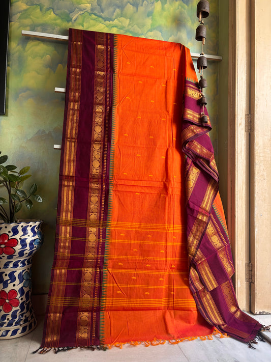 Handwoven Orange Colour Kanchipuram Cotton Saree