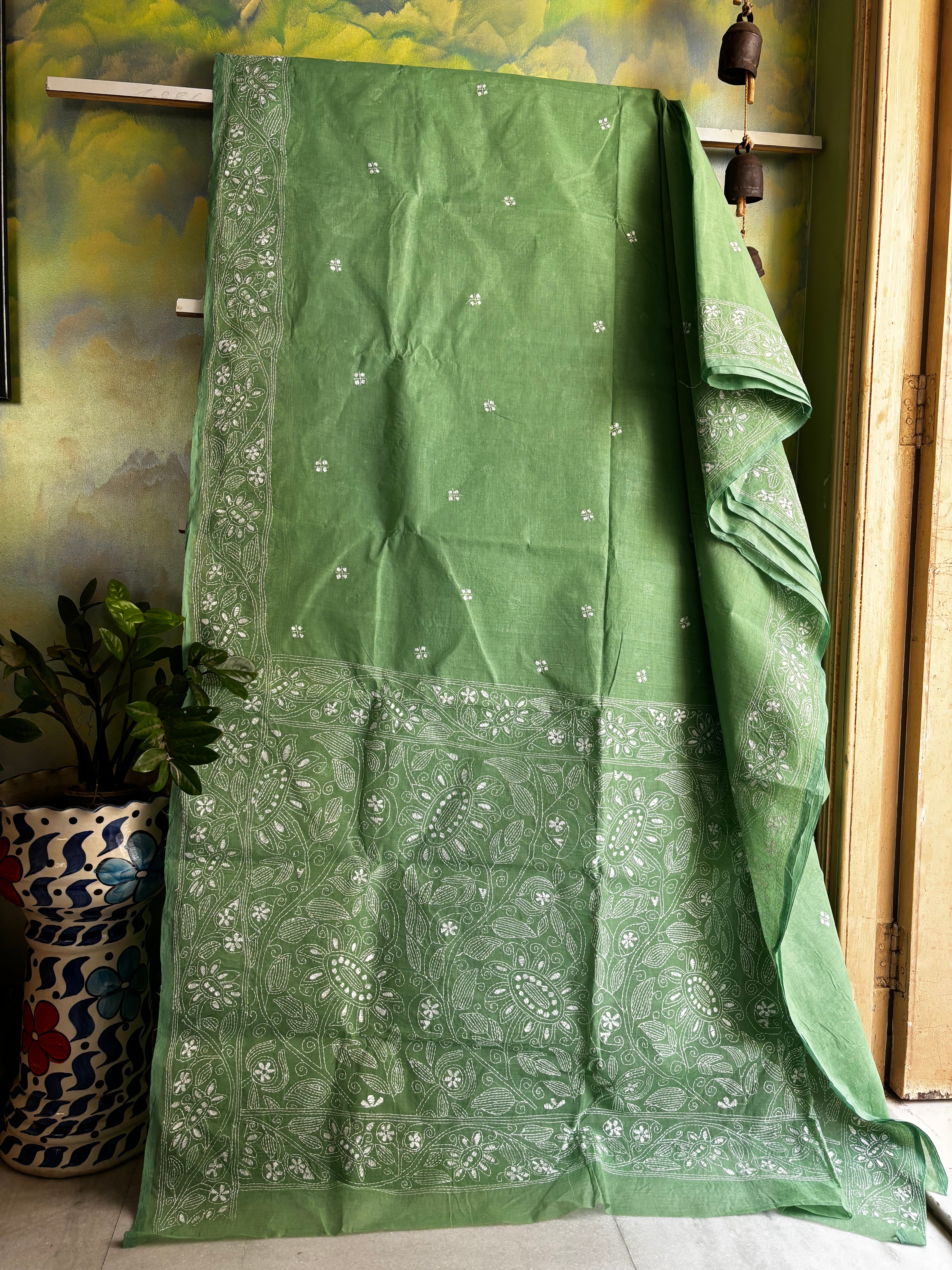 Handwoven Light Green Cotton Kantha Saree