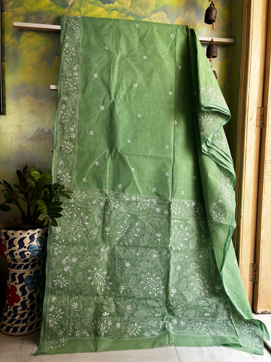 Handwoven Light Green Cotton Kantha Saree