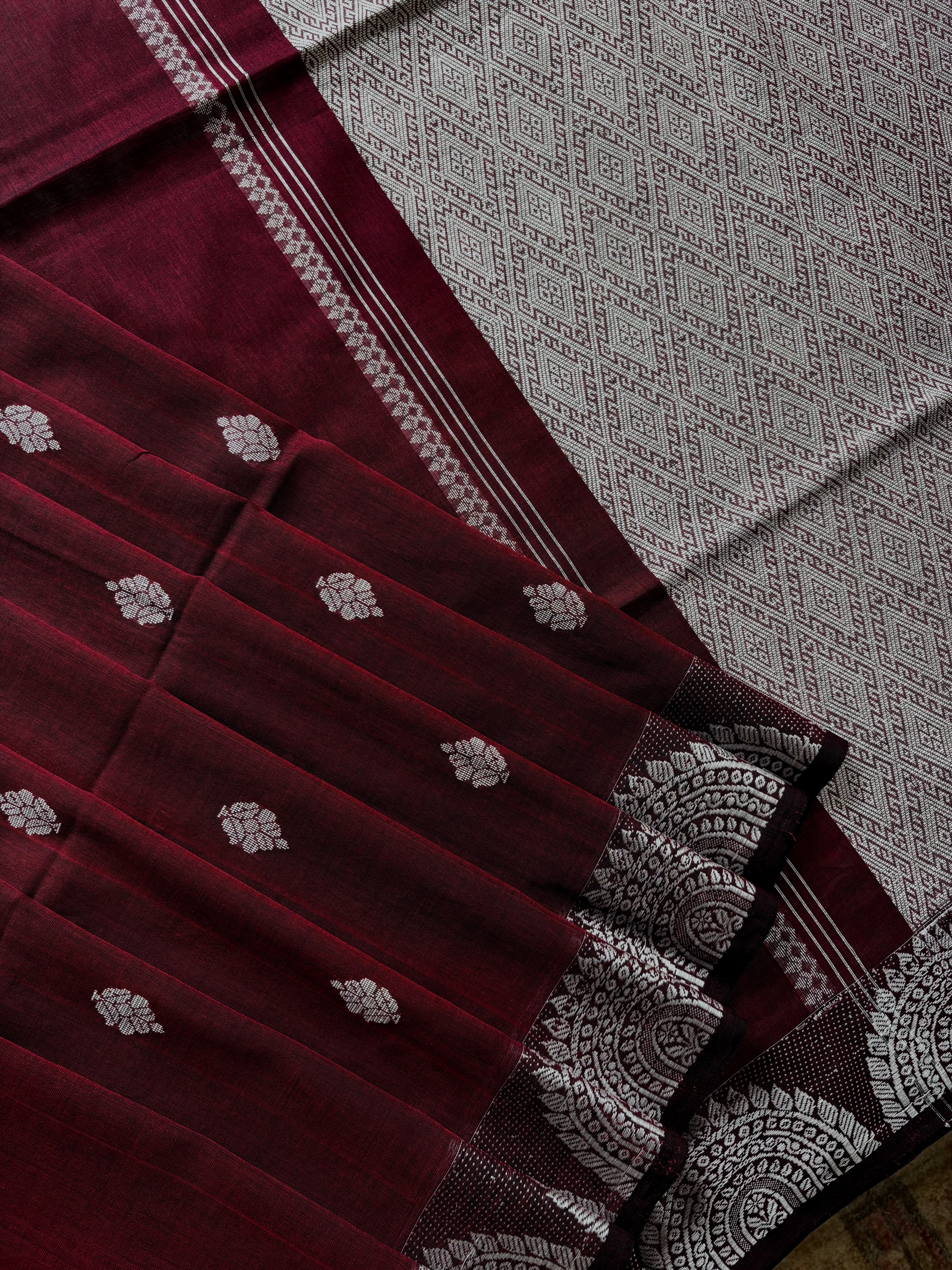 Handwoven Maroon Wine Colour Phulia Cotton Saree