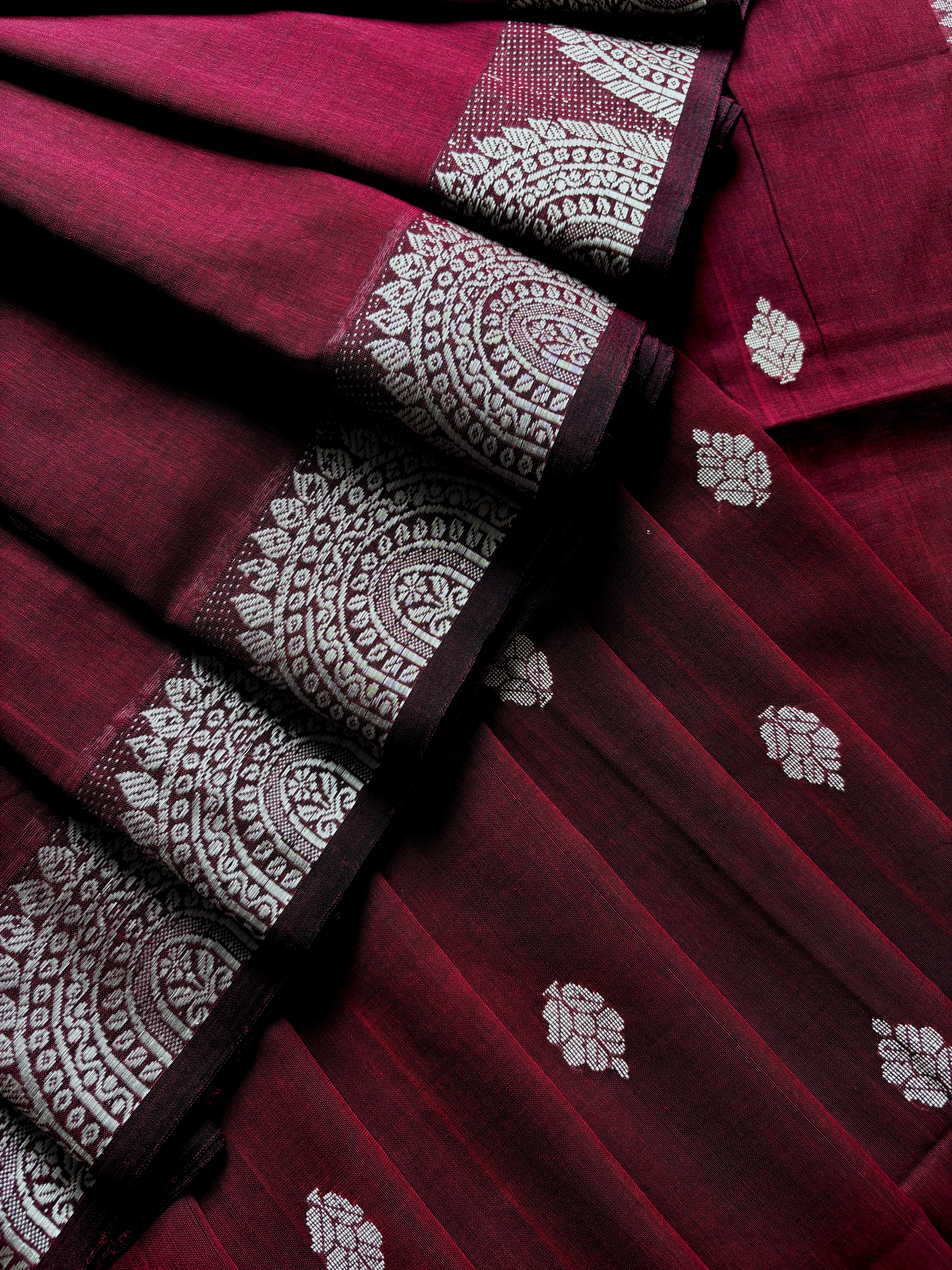Handwoven Maroon Wine Colour Phulia Cotton Saree