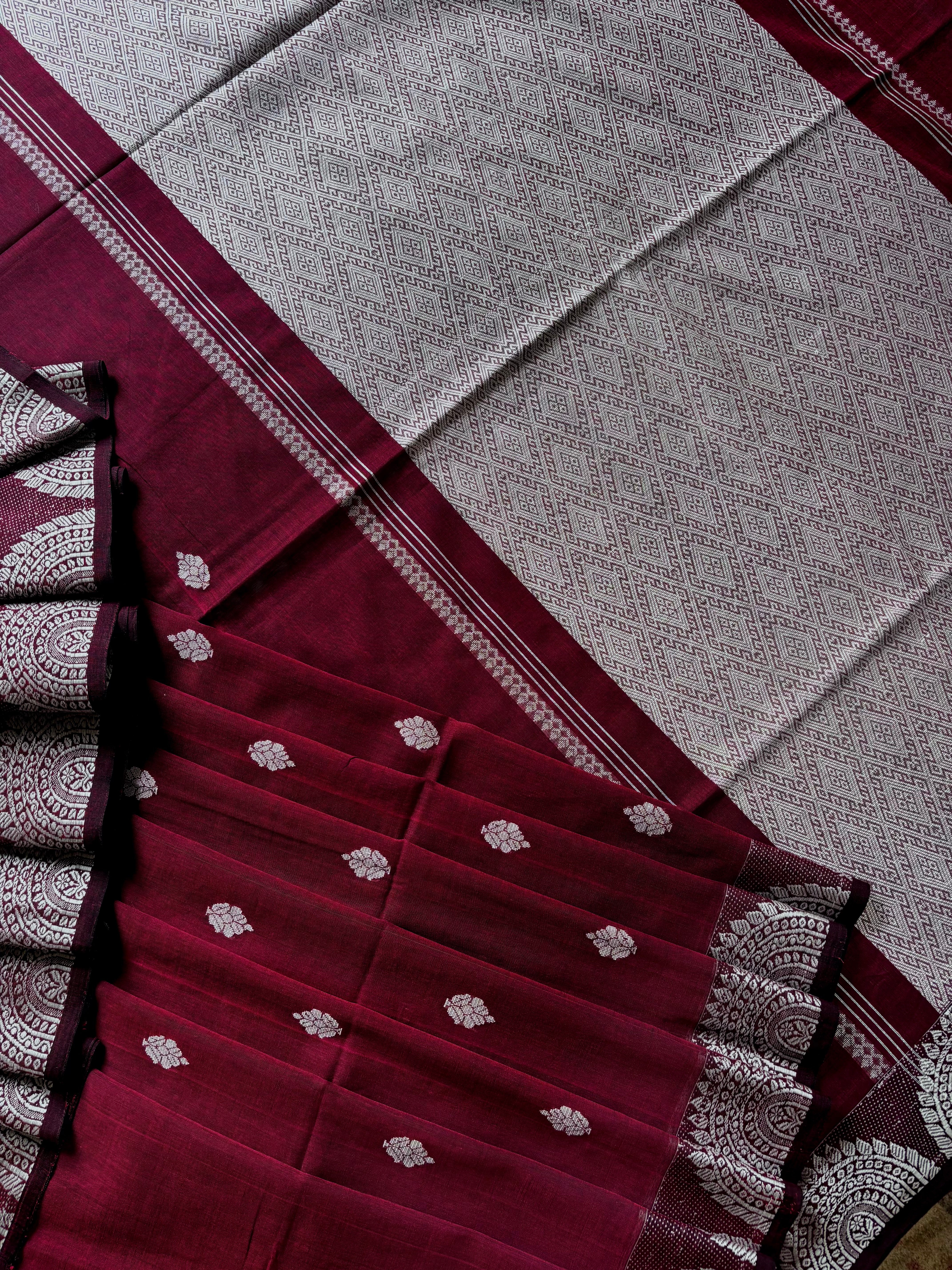 Handwoven Maroon Wine Colour Phulia Cotton Saree