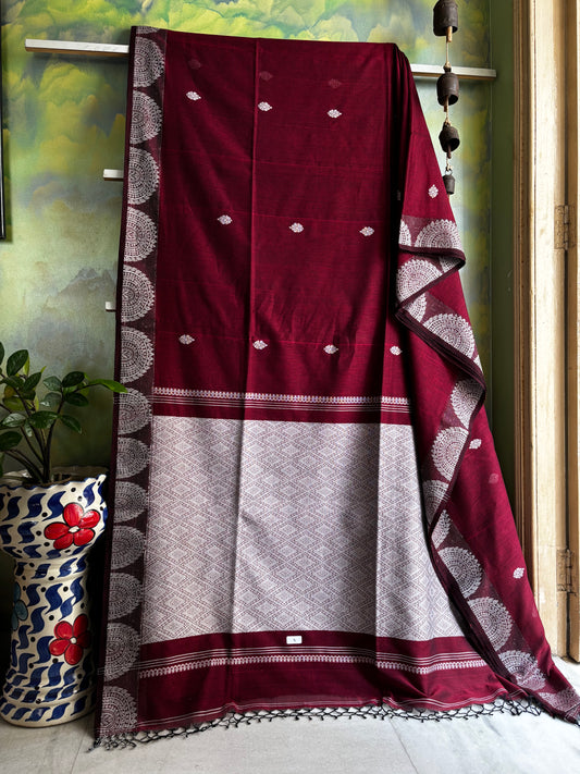 Handwoven Maroon Wine Colour Phulia Cotton Saree