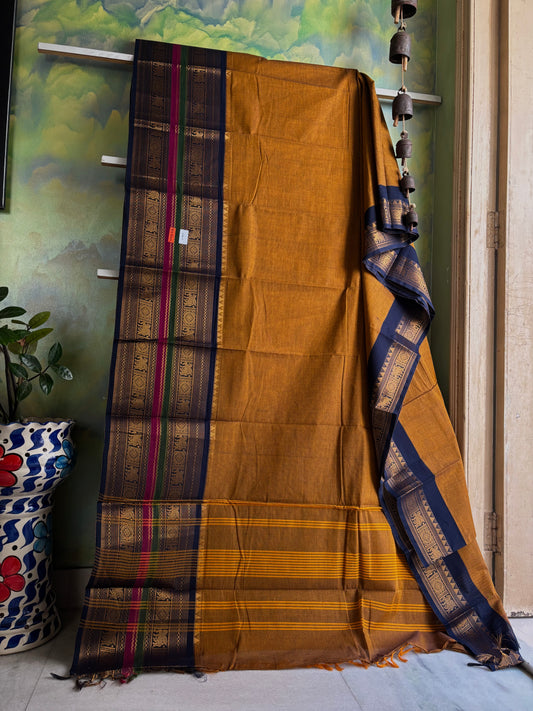 Pure Cotton Mustard Navy Colour Kanchipuram Saree