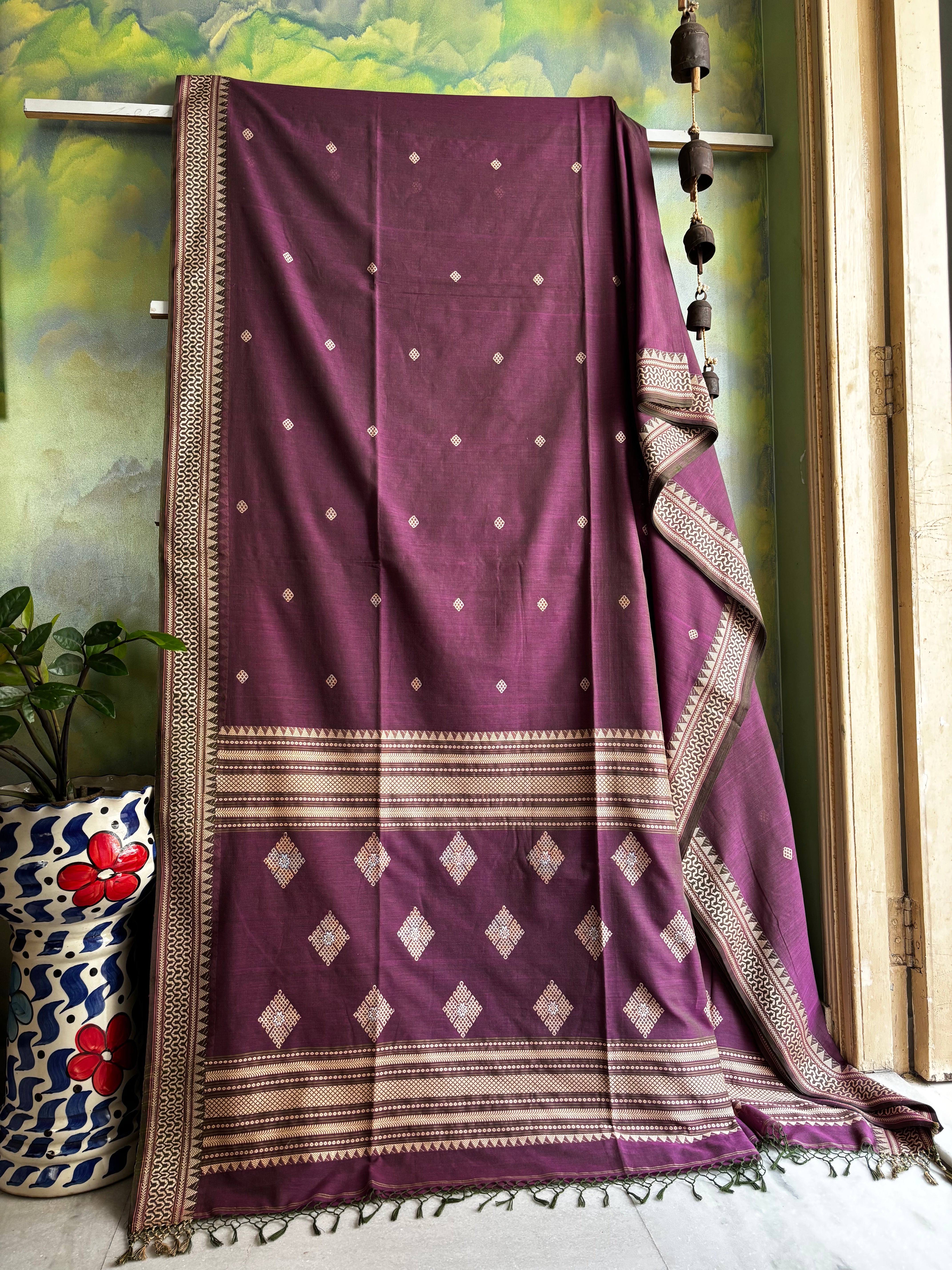 Handwoven Pink Green Mixed Colour Phulia Cotton Saree