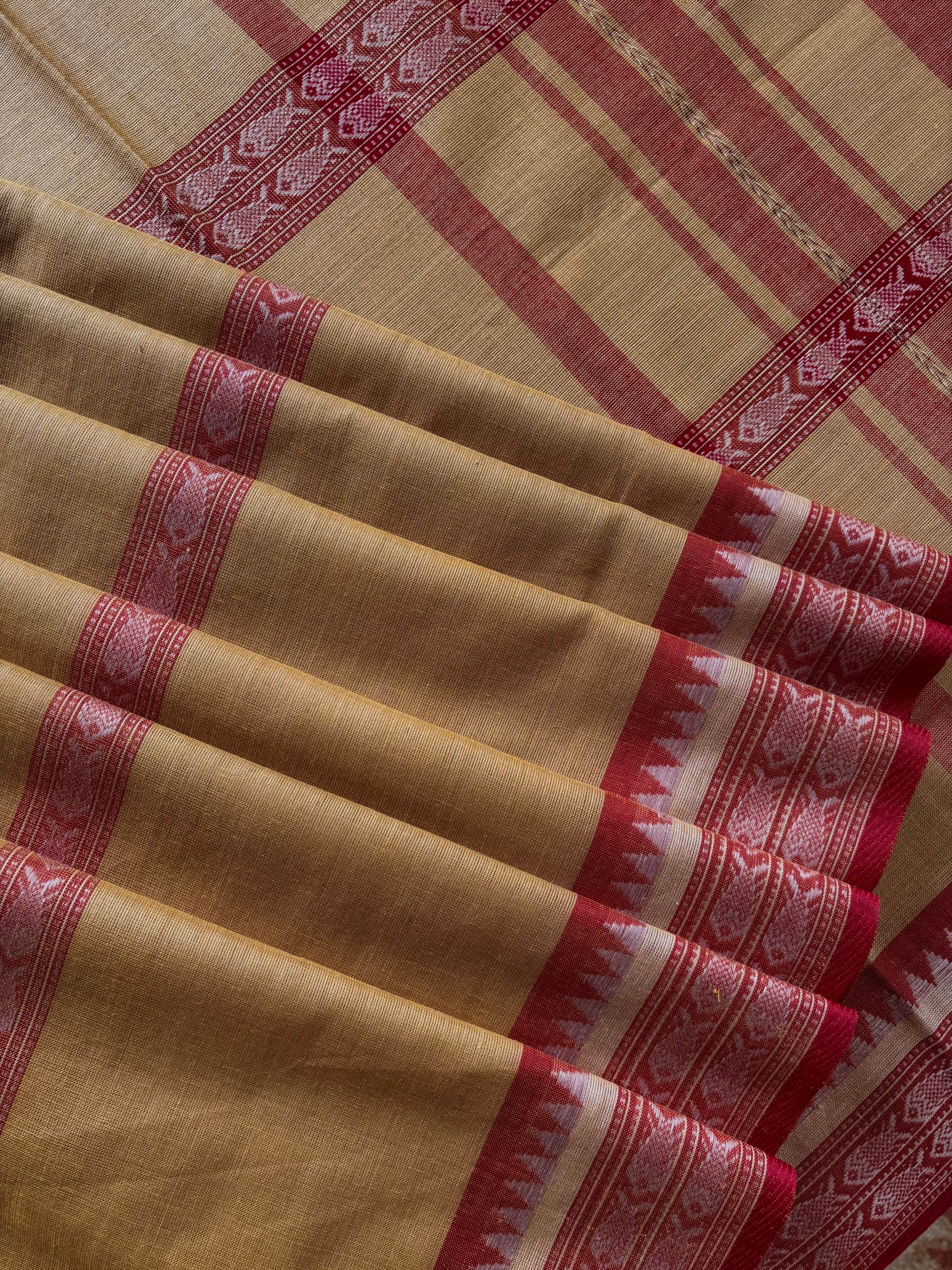 Handwoven Beige Red Pure Cotton Saree